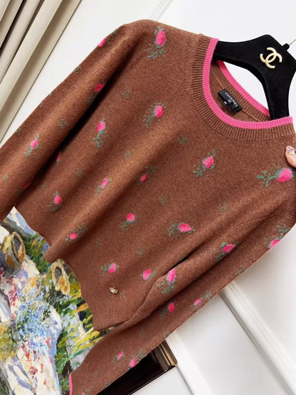 Chanel 22k Caramel Brown Floral Knit Sweater