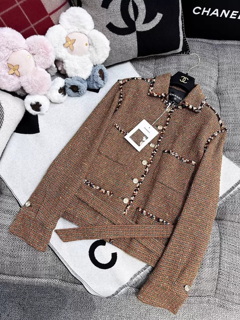 Chanel 25A brown tweed jacket and skirt