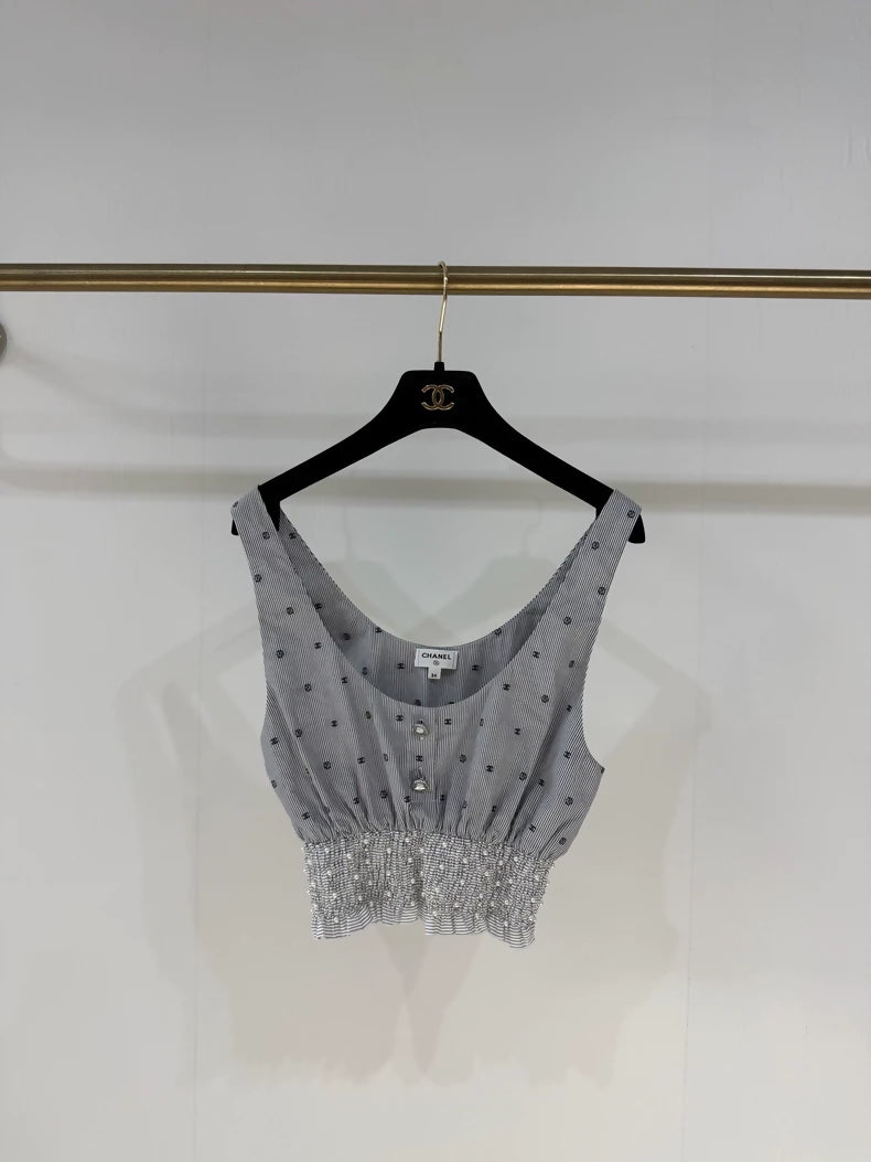 Chanel 24P Grey Pearl Striped Double C Top