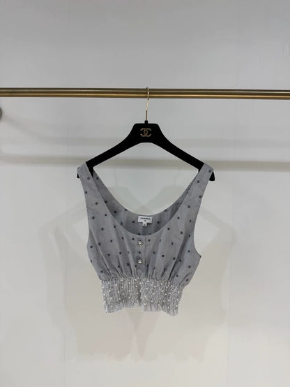 Chanel 24P Grey Pearl Striped Double C Top