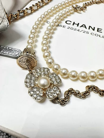 Chanel 23s champagne gold full-diamond camellia bonsai pearl chain sweater necklace