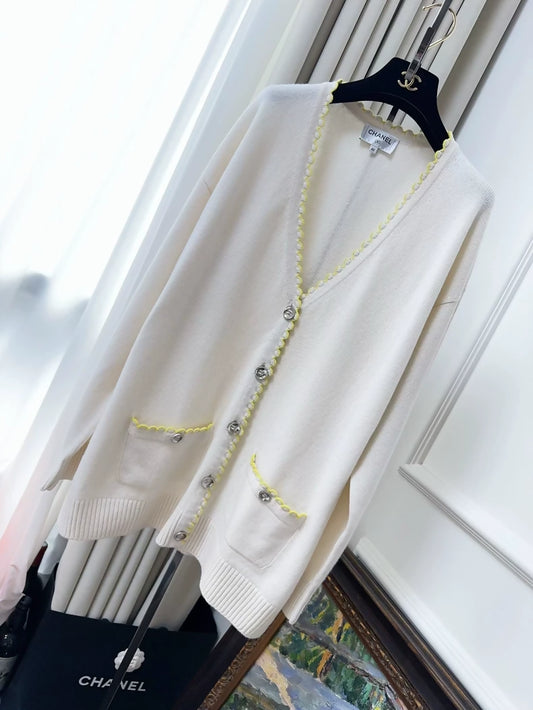 Chanel 25c yellow white every cashmere knit cardigan