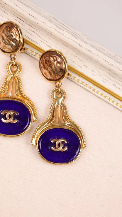 Chanel 1993 Blue Oval Glass Pendant Earrings