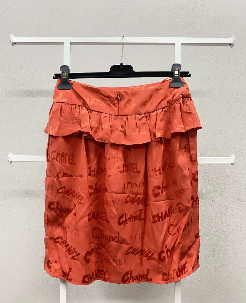 Chanel 22P Rose Red Silk Ruffled All-Logo Midi Skirt