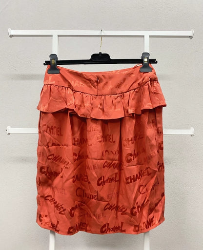 Chanel 22P Rose Red Silk Ruffled All-Logo Midi Skirt