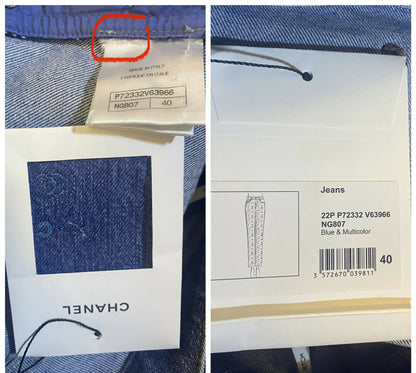 CHANEL 22P Blue & Multicolor Logo Printed Denim Jeans FR 40