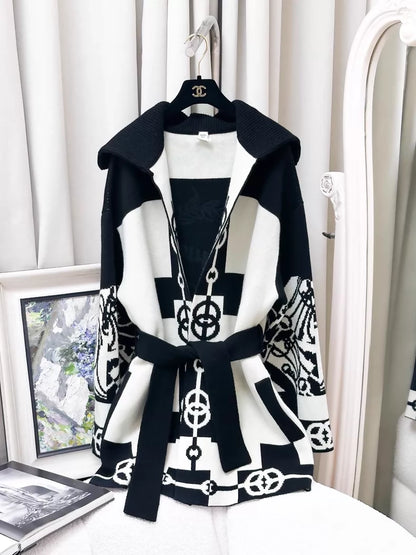 Hermes black and white cashmere knit cardigan/robe jacket with belt