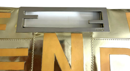 Rare Vintage Fendi 2007 Limited Edition Metallic Gold Patent Leather Crossword Clutch Bag