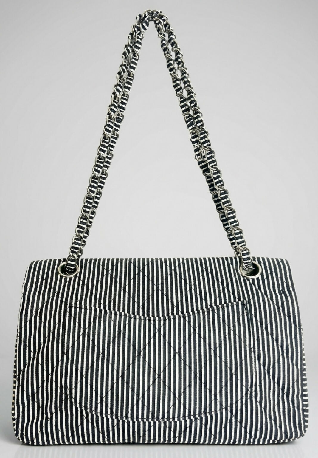 Chanel 08C Medium Black White Stripe Denim Canvas Classic Double Flap Bag
