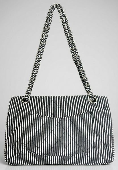 Chanel 08C Medium Black White Stripe Denim Canvas Classic Double Flap Bag