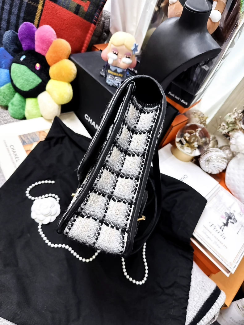 Chanel 22K Black and White Checkered Tweed Messenger Bag