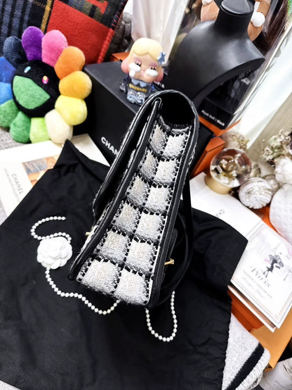 Chanel 22K Black and White Checkered Tweed Messenger Bag