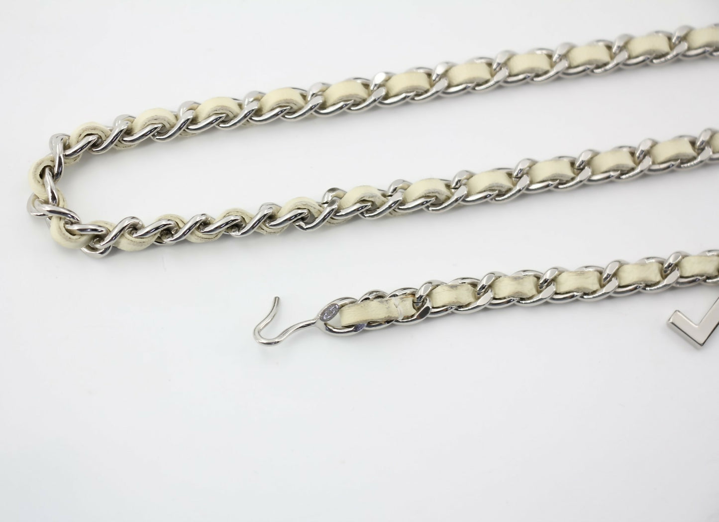 Chanel A12C Leather with Metal Beige White and Silver Waist Chain L95