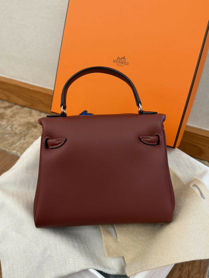 Hermès Kelly Doll Rouge H 55 & Bleu Hydra T7 Swift with Palladium Hardware