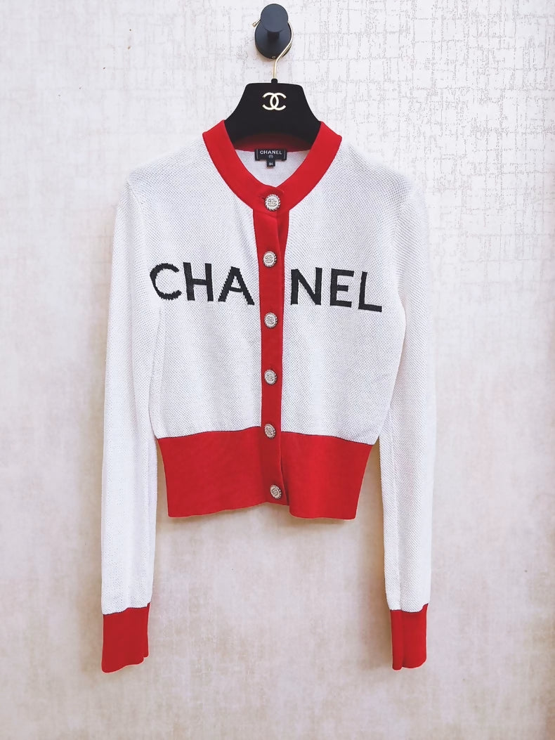 Chanel red and white color-blocked knit cardigan