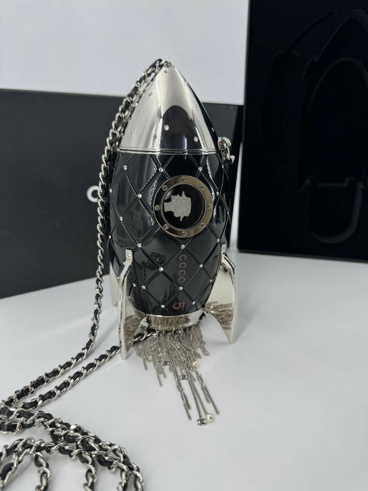 Chanel 2017 Plexiglass and Rhinestone Limited Edition Black Rocket Ship Minaudière Bag