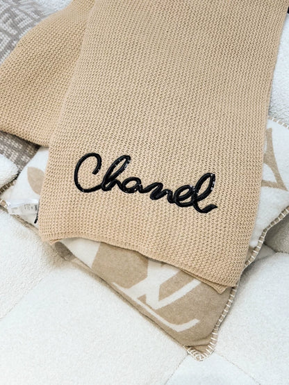 Chanel khaki cashmere scarf with black letter logo