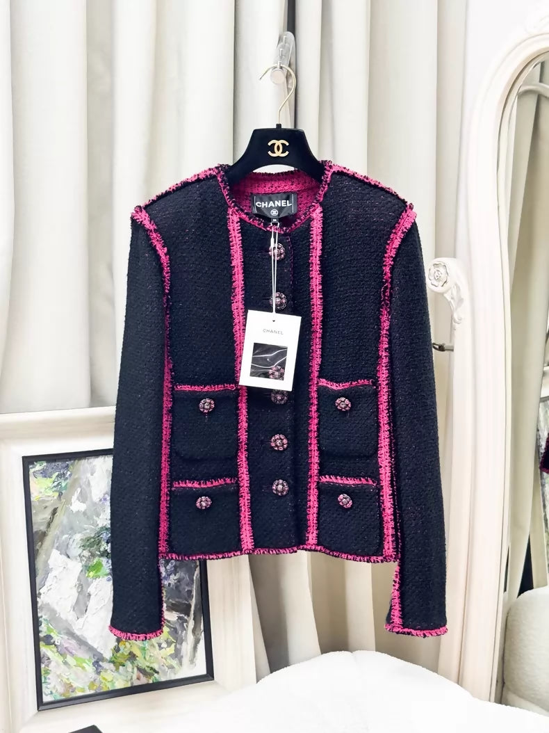 Chanel 22K pink black tweed jacket