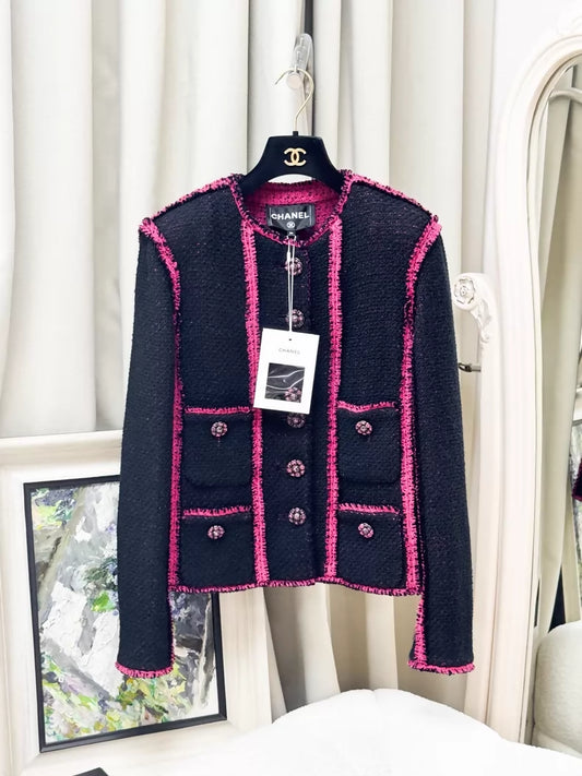 Chanel 22K pink black tweed jacket
