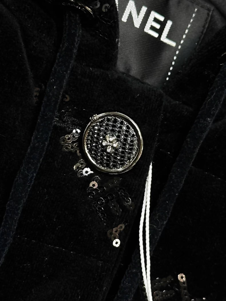 Chanel 22B black velvet sequined logo cotton coat