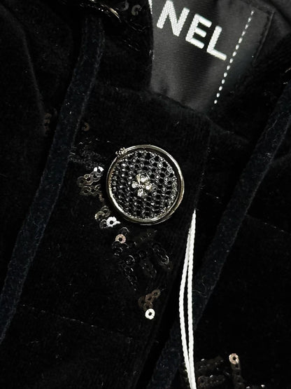 Chanel 22B black velvet sequined logo cotton coat