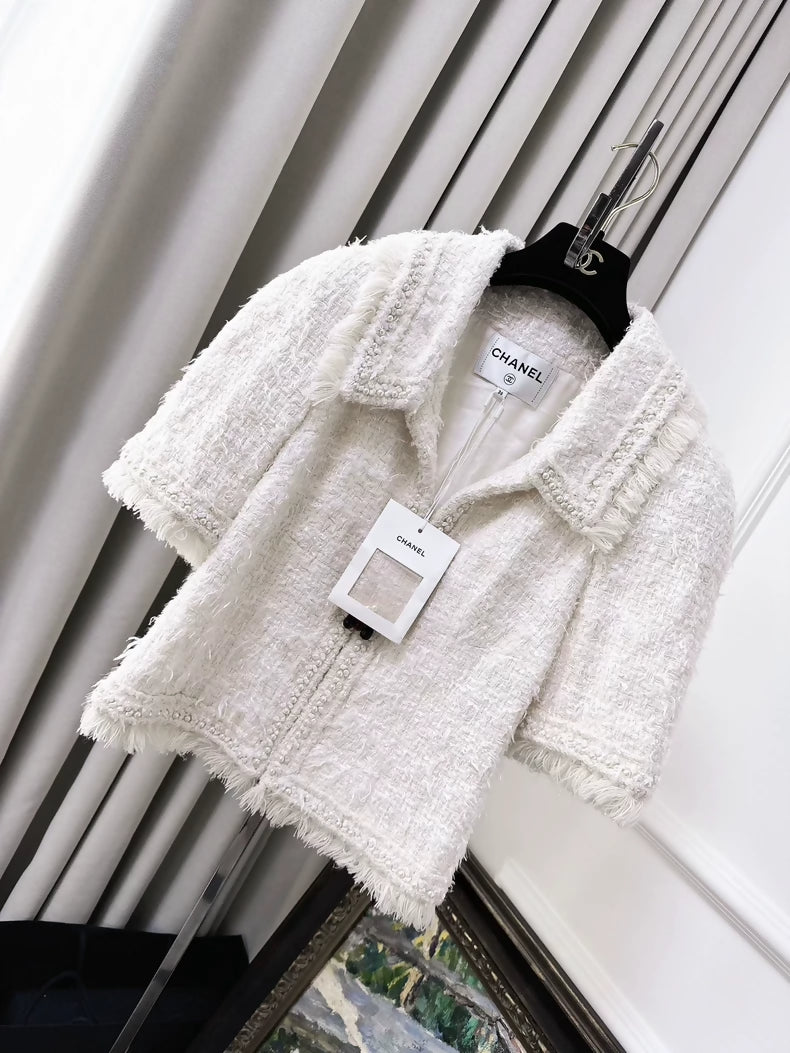 Chanel off-white fringed glass buckle jacket