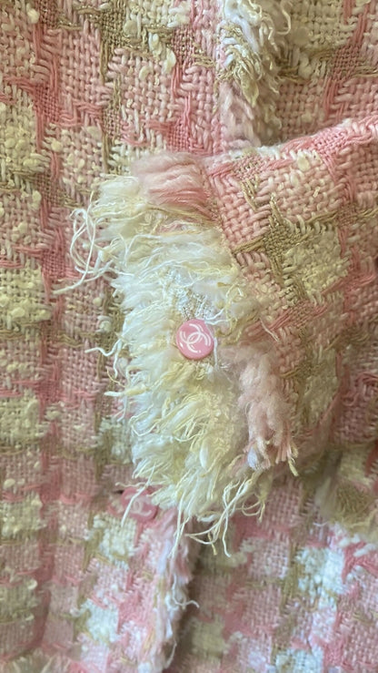 Chanel 04C Pink White Cream Fringe Tweed Checker Jacket FR 42