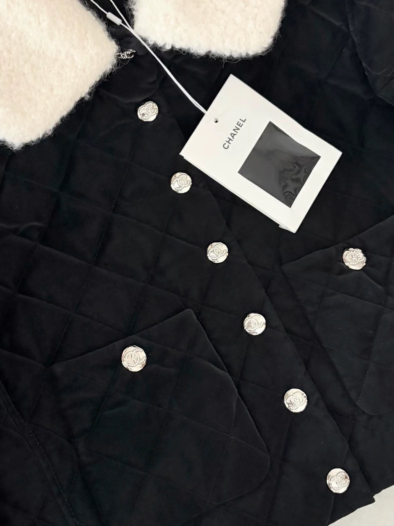 Chanel 24N Black Velvet Diamond Quilted Lamb wool Collar
