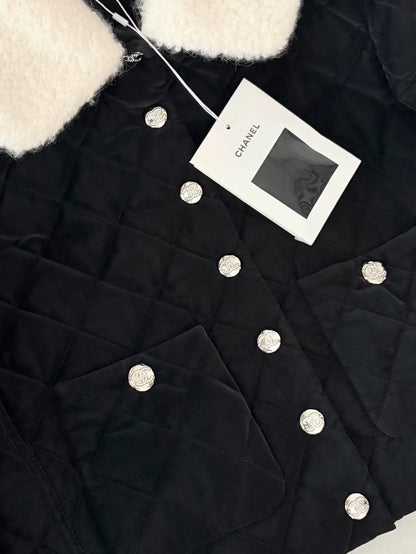 Chanel 24N Black Velvet Diamond Quilted Lamb wool Collar