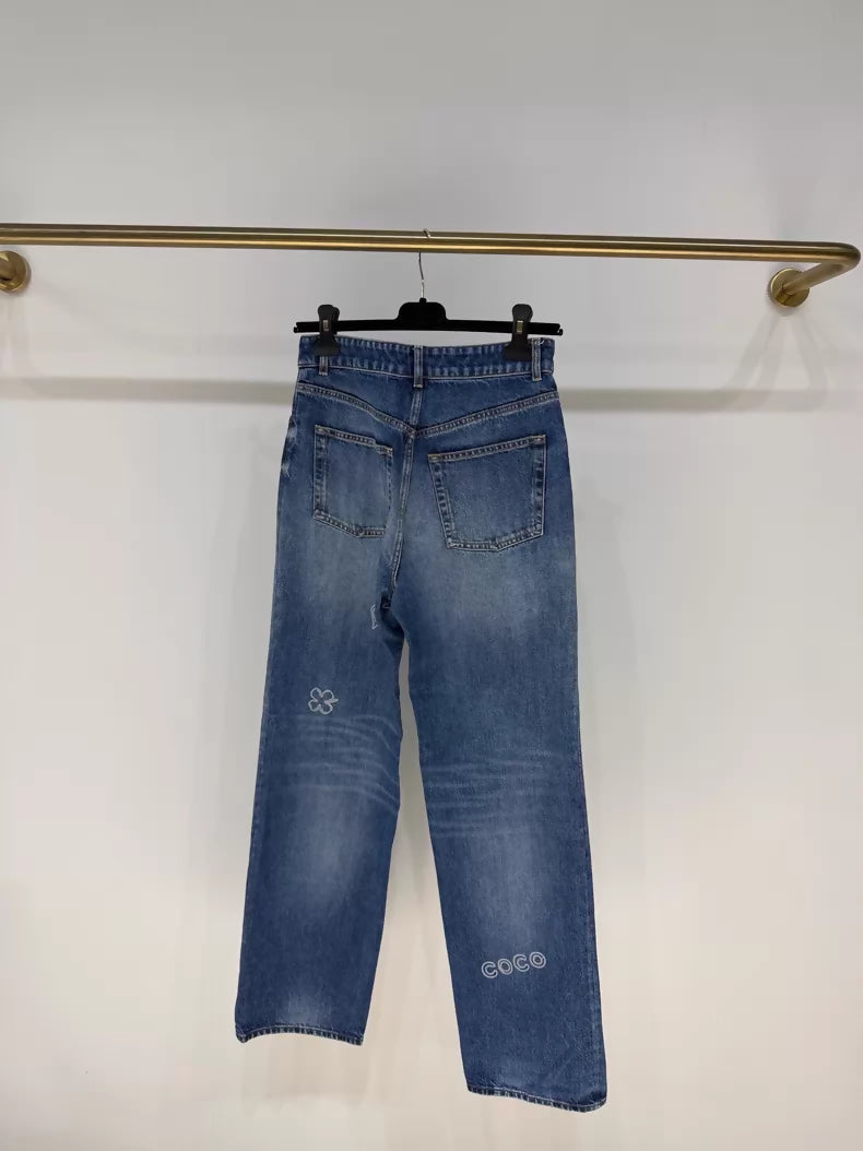 Chanel 24b heart embroidered graffiti blue straight leg jeans