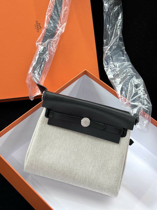 Hermès Mini Herbag Panda Noir & Blanc Toile with Palladium Hardware