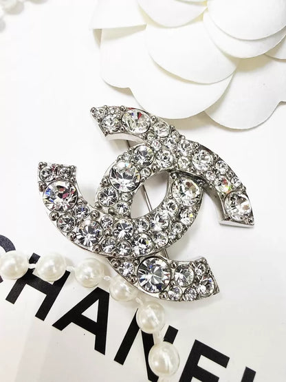 Chanel 12W double C full diamond silver logo brooch
