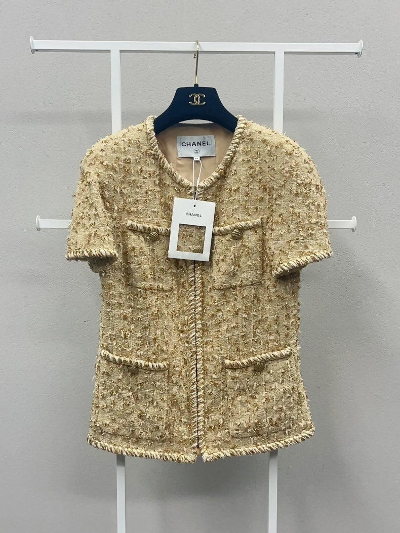 Chanel Gold Tweed Thin Zip-Up Short-Sleeve Jacket