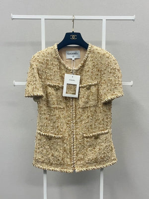 Chanel Gold Tweed Thin Zip-Up Short-Sleeve Jacket