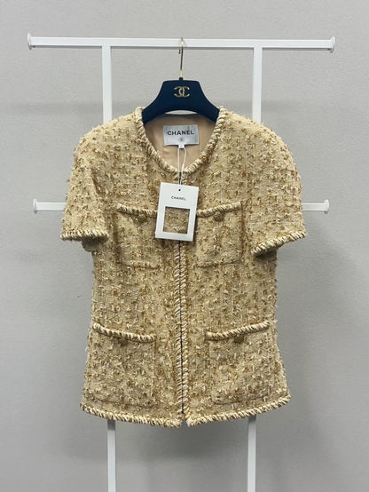 Chanel Gold Tweed Thin Zip-Up Short-Sleeve Jacket
