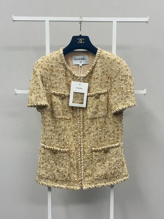 Chanel Gold Tweed Thin Zip-Up Short-Sleeve Jacket