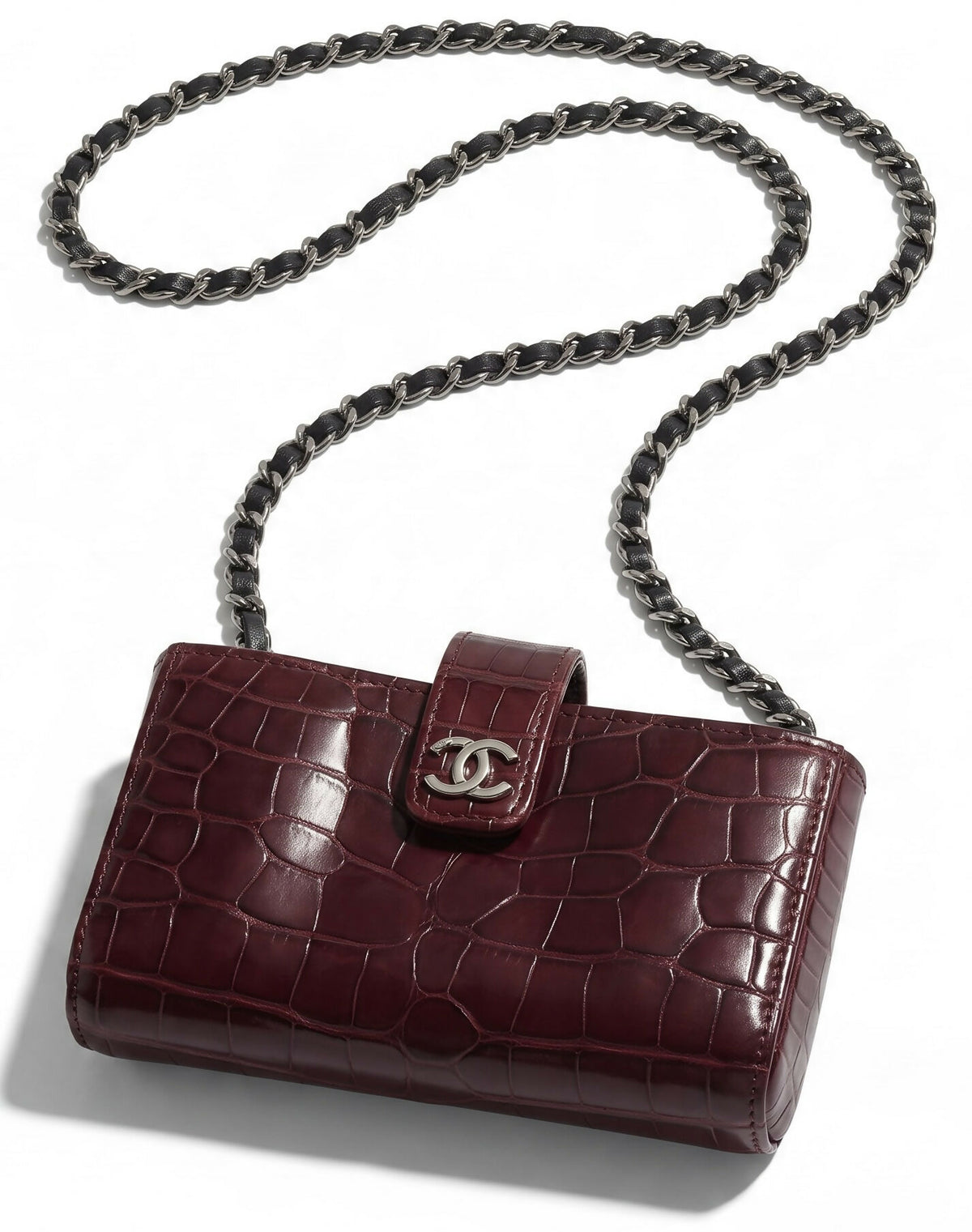 Rare Chanel Burgundy Crocodile Chain Holder Pouch Mini Clutch Bag