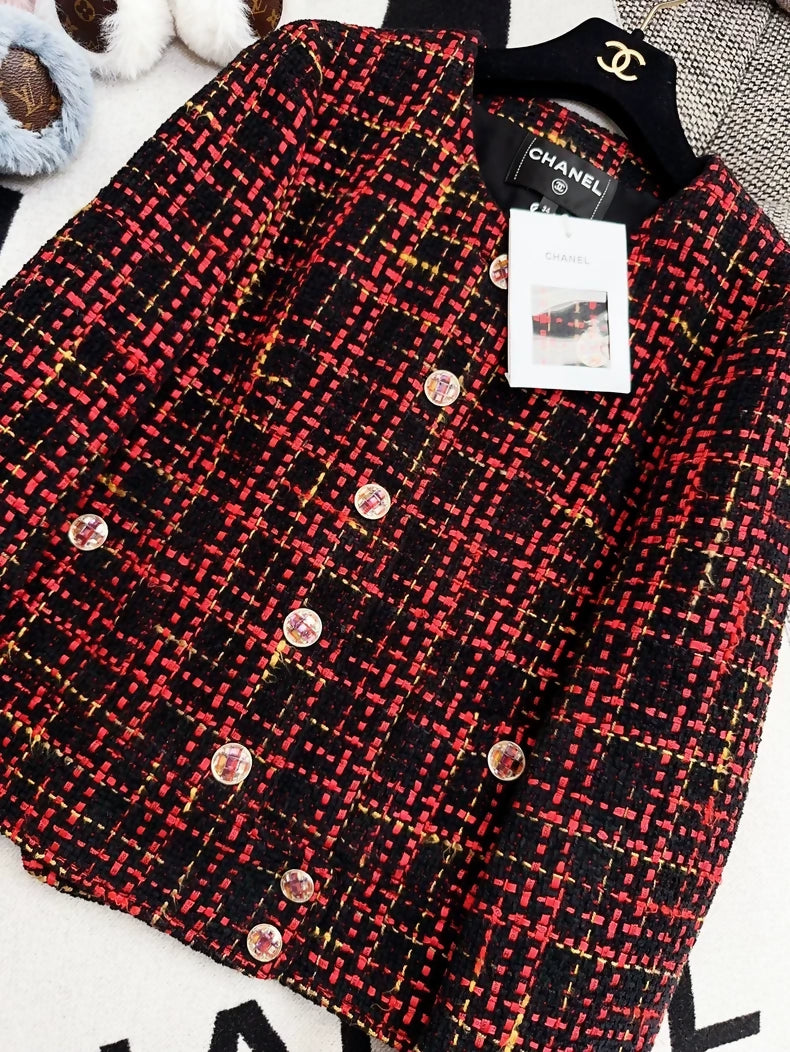 Chanel 22a jacket in red and black checkered tweed