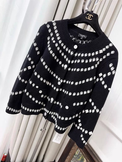 Chanel 25P black and white pearl print cardigan