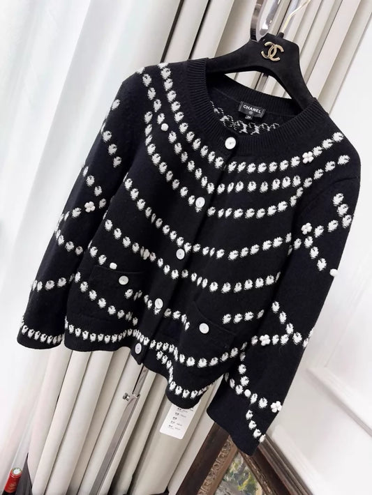 Chanel 25P black and white pearl print cardigan