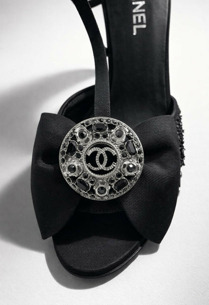 Chanel 09P Removable CC Brooch Black Sequin Bow Strap Heels EU 40