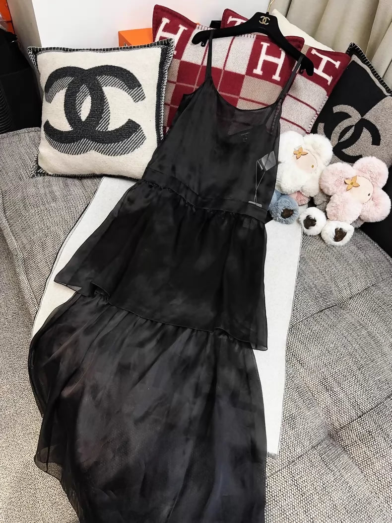 Chanel 24S  black silk organza slip dress