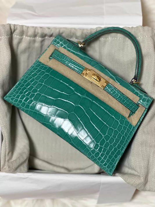 Hermes mini Kelly 20 Jade Green shiny crocodile leather gold hardware