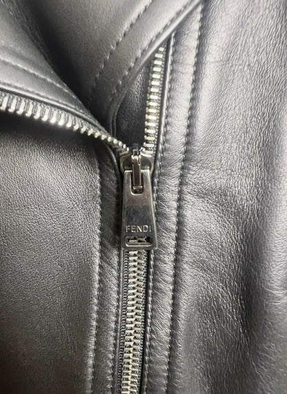 Fendi Black Leather Zucca Velvet Trim Biker Jacket