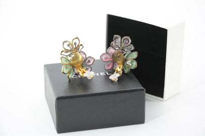 Chanel Vintage 71-80 Rhinestone Pink and Green Flower Earrings