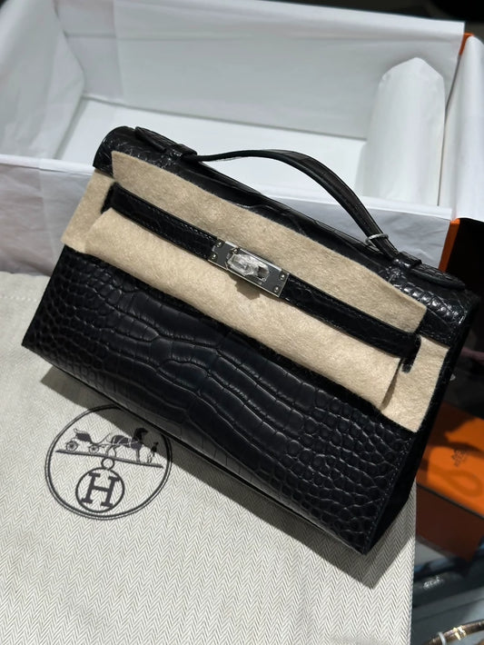 Hermes Kelly pochette black matte crocodile leather palladium hardware