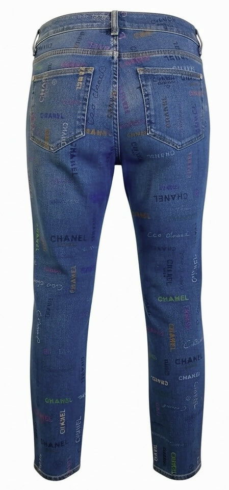 CHANEL 22P Blue & Multicolor Logo Printed Denim Jeans
