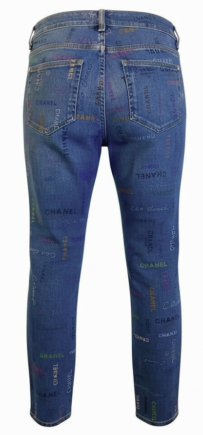CHANEL 22P Blue & Multicolor Logo Printed Denim Jeans