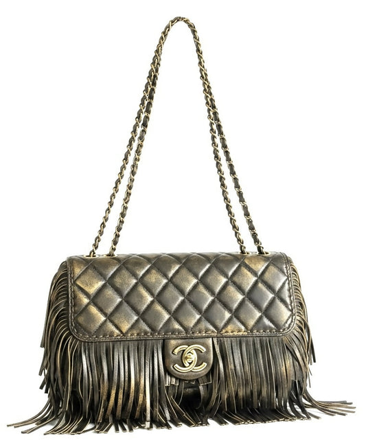 Rare Chanel 14A Paris Dallas Medium Brown Metallic Leather Fringe Classic Flap Bag