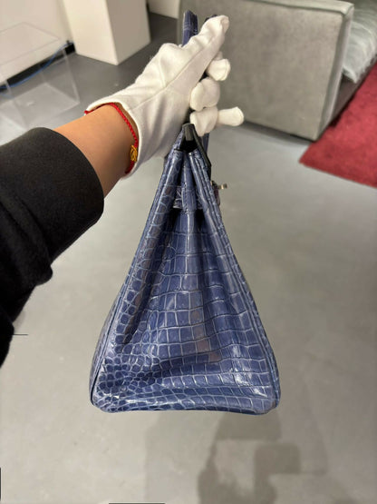 Hermès Birkin 30 Bleu Électrique (7E) Shiny Porosus Crocodile with Hardware Square